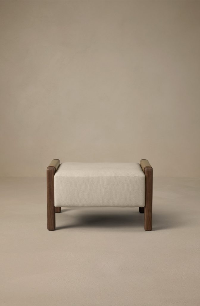 Articolo Studios Luxury Furniture Saddle Ottoman in Walnut and Bone Linen with Titanium leather Detail