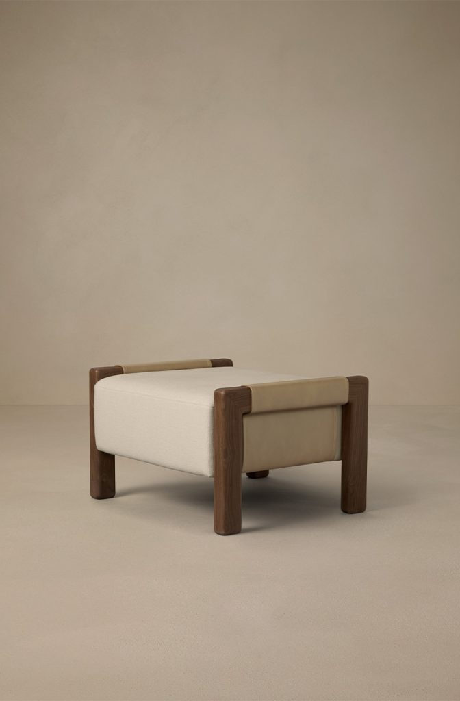 Articolo Studios Luxury Furniture Saddle Ottoman in Walnut with Bone Linen and Titanium Leather Detail