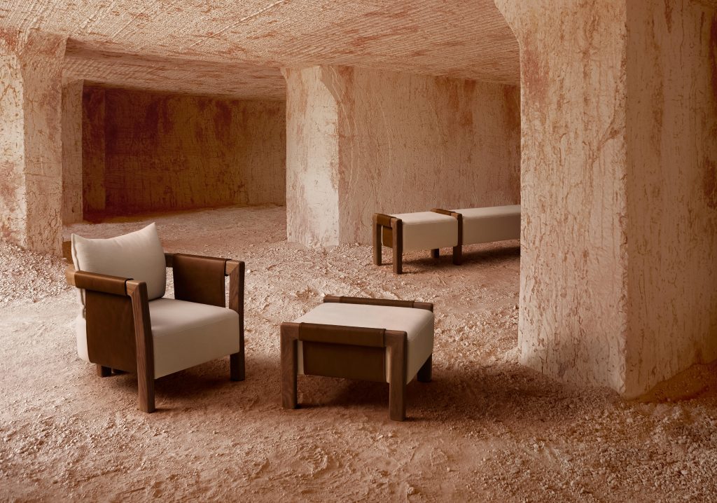 Articolo Studios luxury lighting. Saddle armchair, bench and ottoman in driftwood with bone linen and walnut