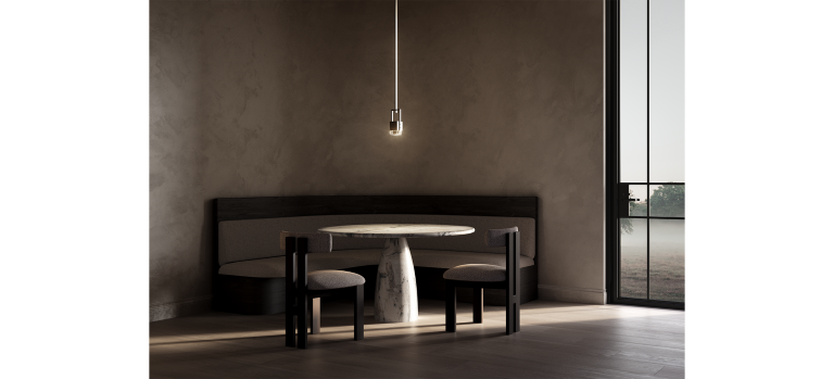 Articolo Studios Luxury Lighting Cubo Swing Single Pendant in Corner Dining Seat