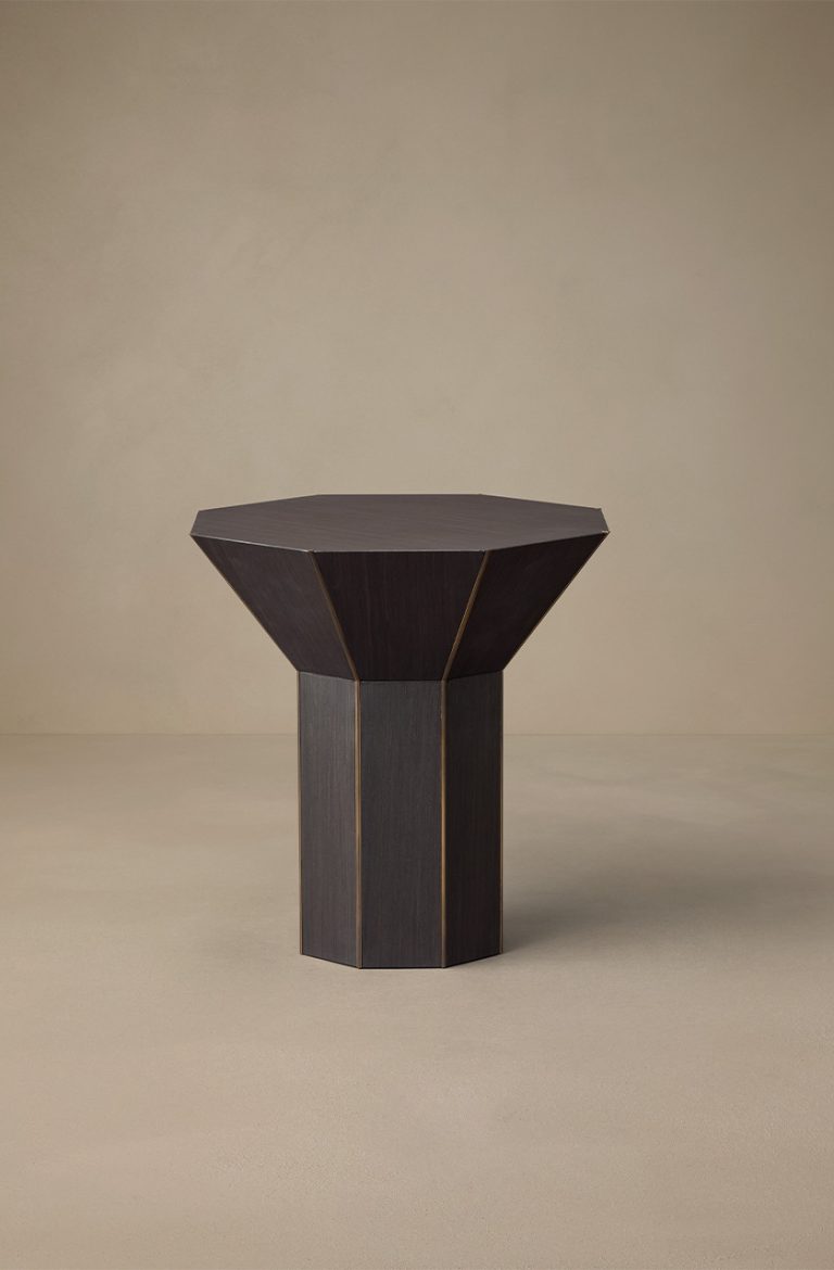Articolo Studios Luxury Furniure Flare Side Table in Dark Veneer and Bronze Fins