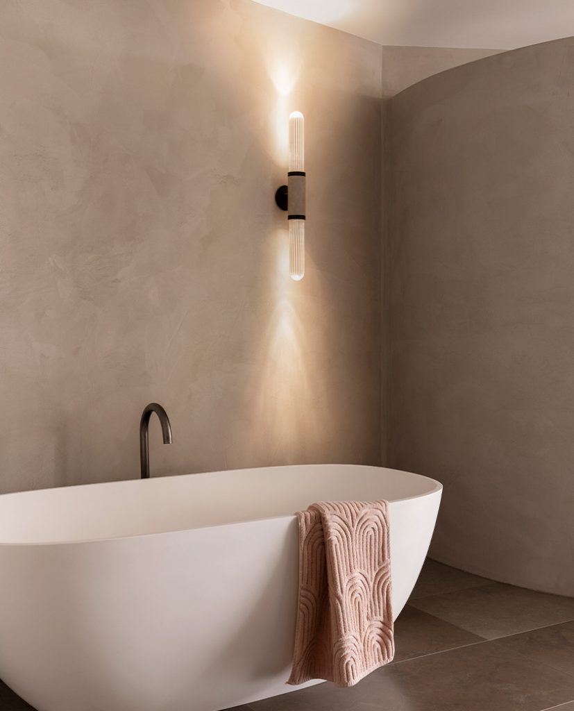 Articolo Studios Luxury Lighting Scandal Tall Wall Sconce in Bathroom of Lynch Residence by Casa 62