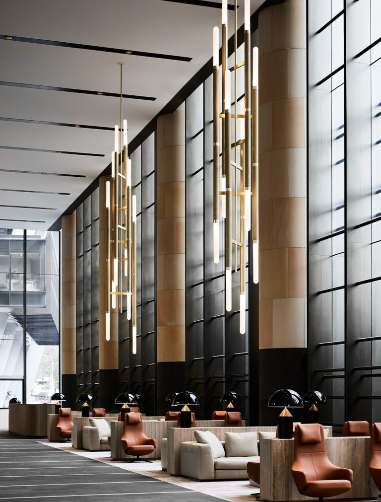 Articolo Studios Luxury Lighting Custom Scandal Staggered Pendant in Parramatta Square Hotel Lobby