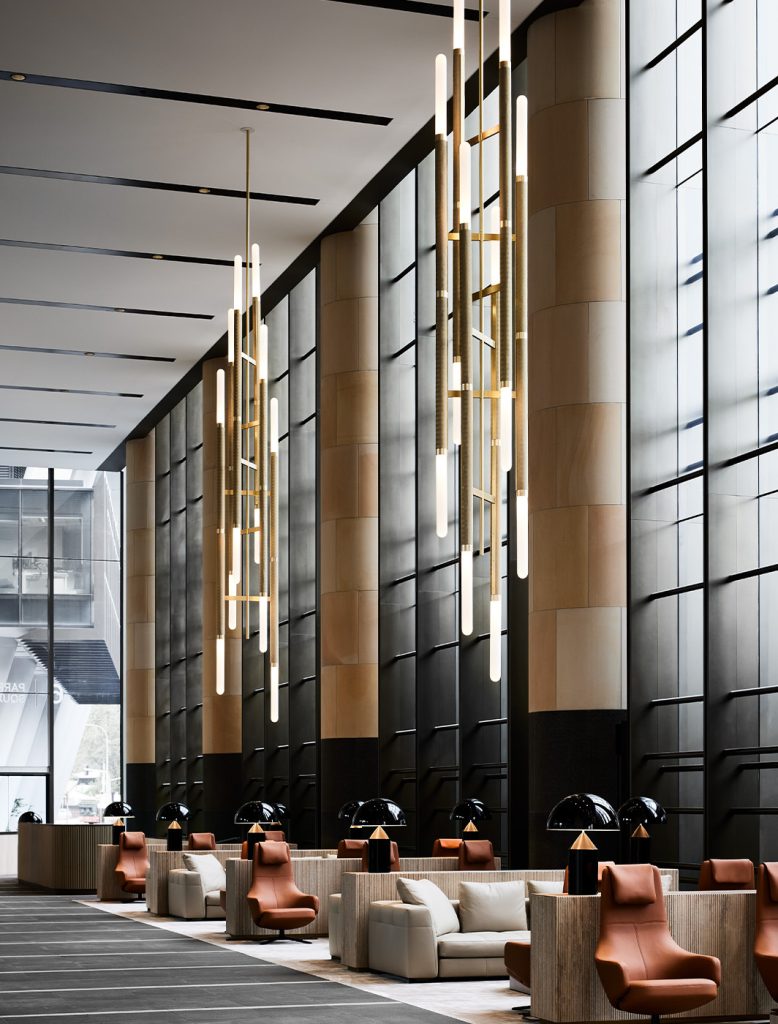Articolo Studios Luxury Lighting Custom Scandal Staggered Pendant in Parramatta Square Hotel Lobby