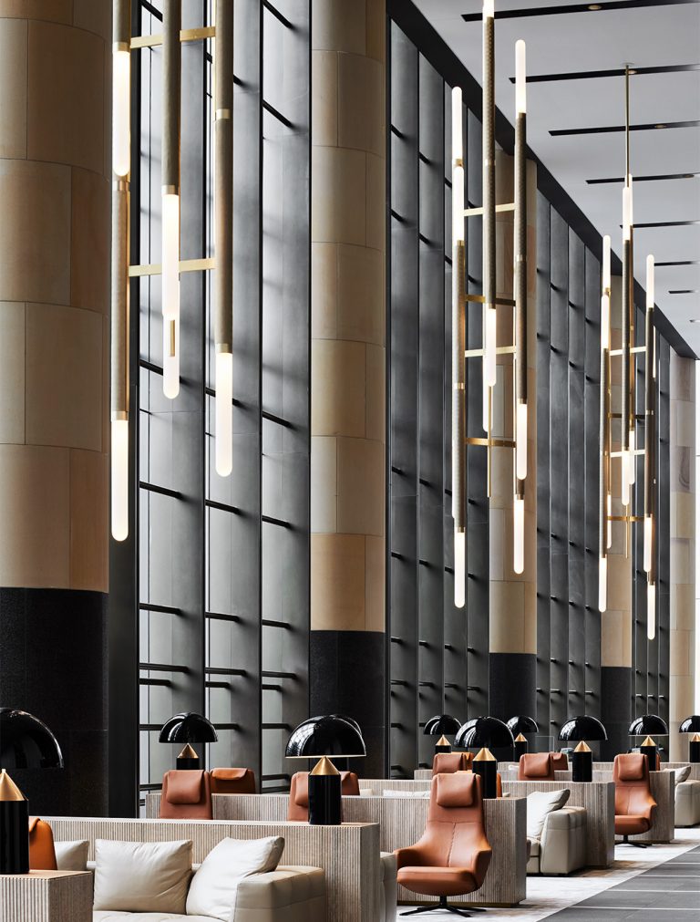 Articolo Studios Luxury Lighting Custom Scandal Staggered Pendant in Parramatta Square Hotel Lobby