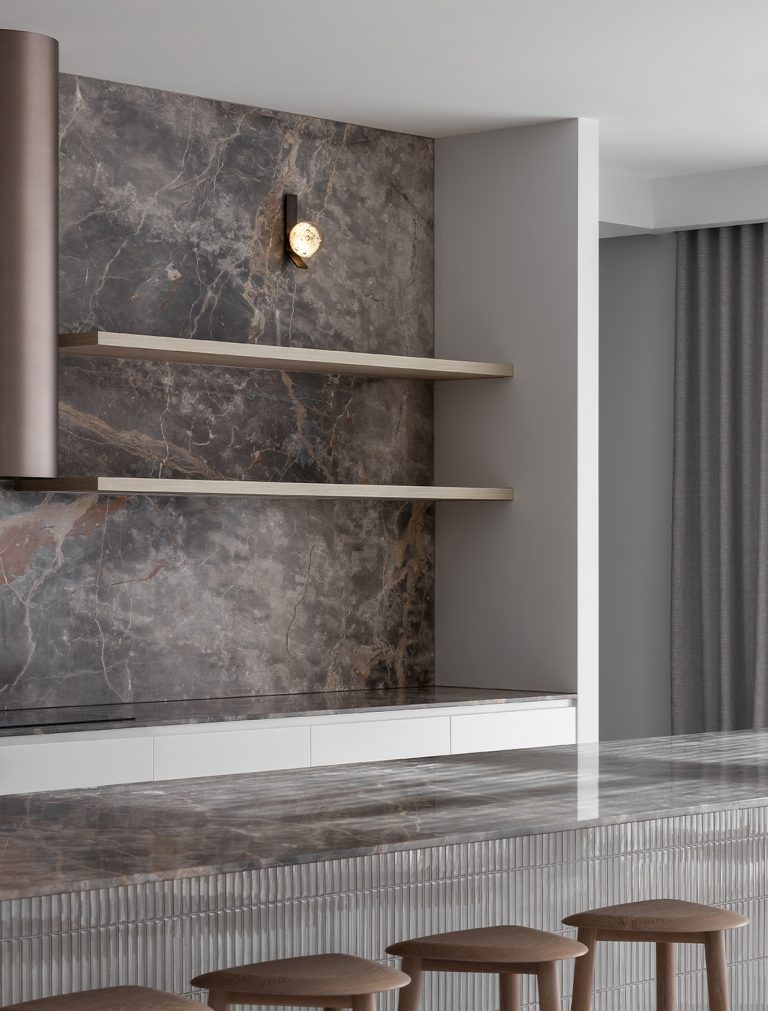 Articolo Studios Luxury Lighting Fizi on Kick Wall Sconce in kitchen of peninsula farmhouse