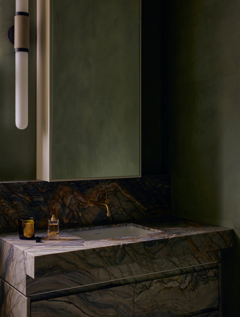 Articolo Studios Luxury Lighting Scandal Tall Wall Sconce in Bathroom of West End Residence by Tomy Mark Henry