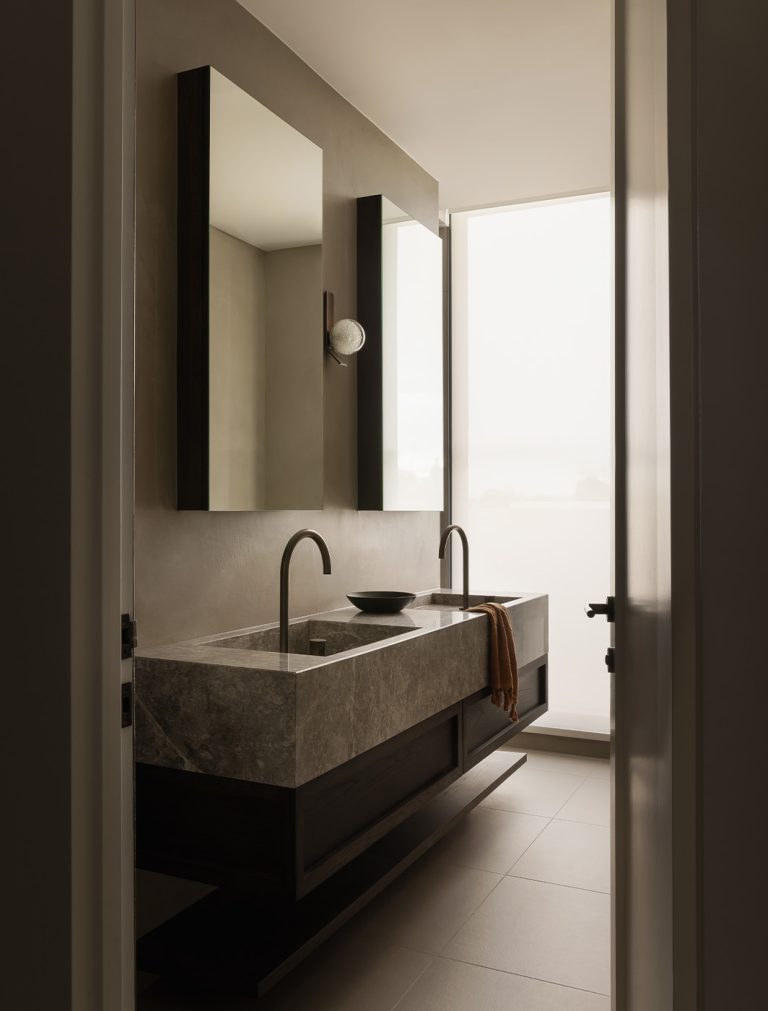 Articolo Studios Luxury Lighting Fizi On Kick Walll Sconce in bathroom of Toorak Penthouse byHeartly Design