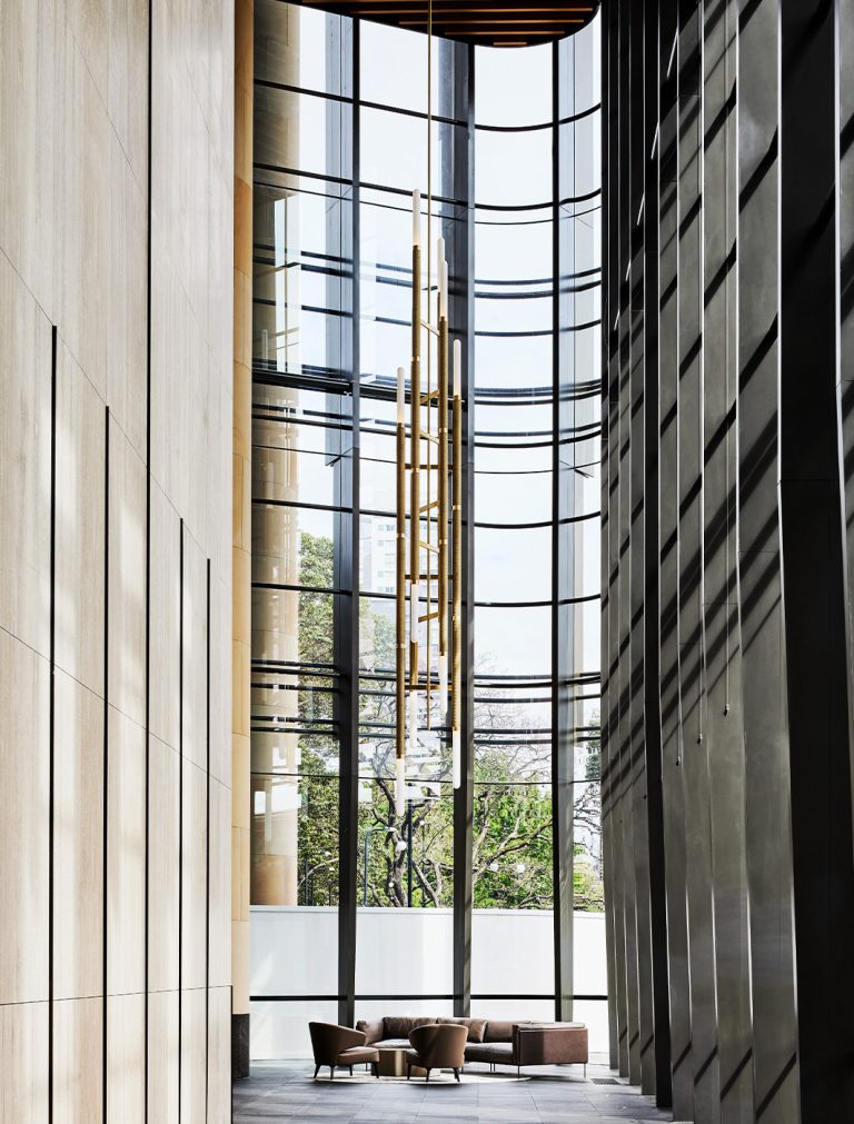 Articolo Studios Luxury Lighting Custom Scandal Staggered Pendant in Parramatta Square hotel Lobby
