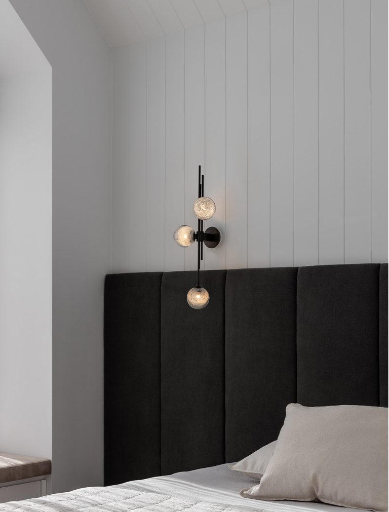 Articolo Studios Luxury Lighting Trilogy Wall Sconce in Master bedroom of peninsula farmhouse