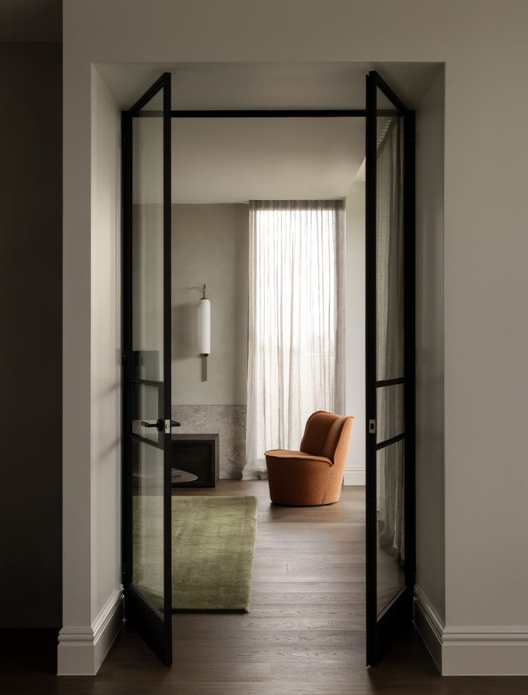 Articolo Studios Luxury Lighting Float Glide Wall Sconce in Lving room of Toorak Penthouse by Heartly Design