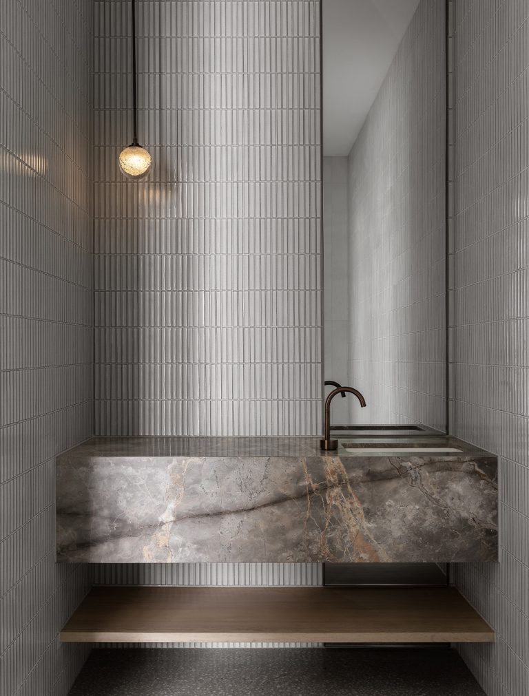 Articolo Studios Luxury Lighting Fizi Single Pendant in Poweder room of pendinsula Farmhouse