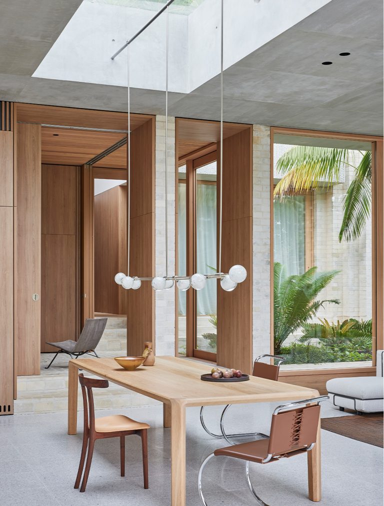 Articolo Studios Luxury Lighting Trilogy Horizontal Pendant in Satin Nickle in the Fresh Water Residence by Madeline Blanchfeild