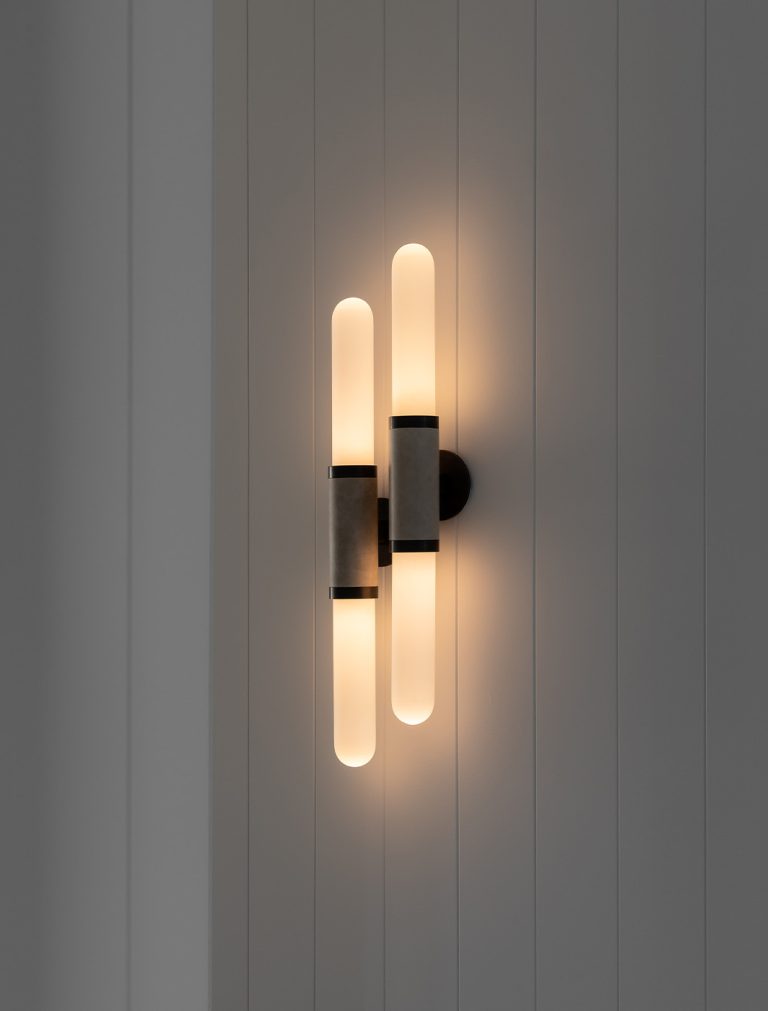 Articolo Studios Luxury Lighting Scandal Staggered Wall Sconce in Bronze with Latte leather Inlay