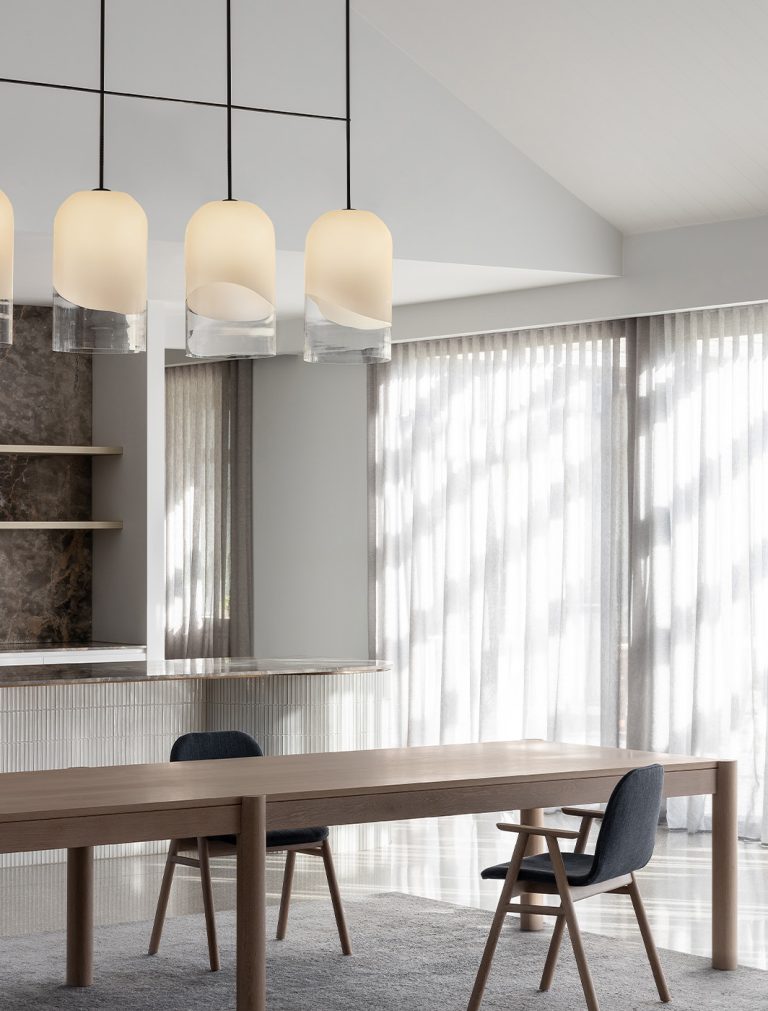 Articolo Studios Luxury Lighting Custom Moni Pendant in Dining room of peninsula farmhouse