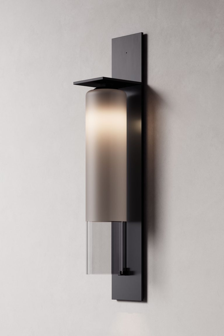 Articolo Studios Luxury Lighting Eclipse Tall Wall Sconce in Anodised Black and 2/3 Frosted Grey Shade with Shade Keeper