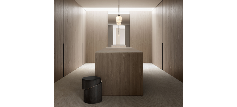 Articolo Studios Luxury Lighting Fizi Triple Pendant in Wall and Slip Side Table in Walk in Robe