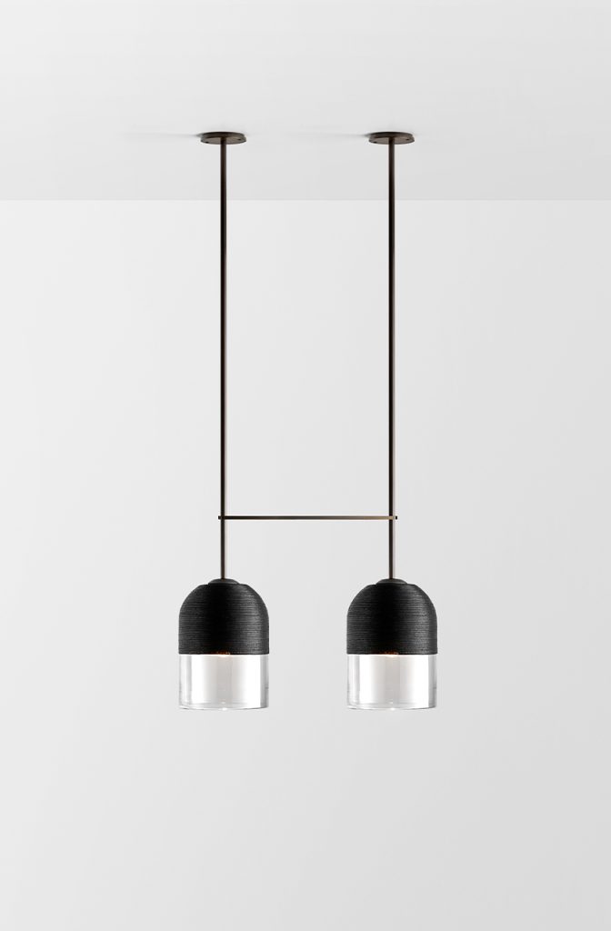 Articolo Studios Luxury Lighting Indi Large Double Pendant in Bronze with Clear Shade and Black Weave