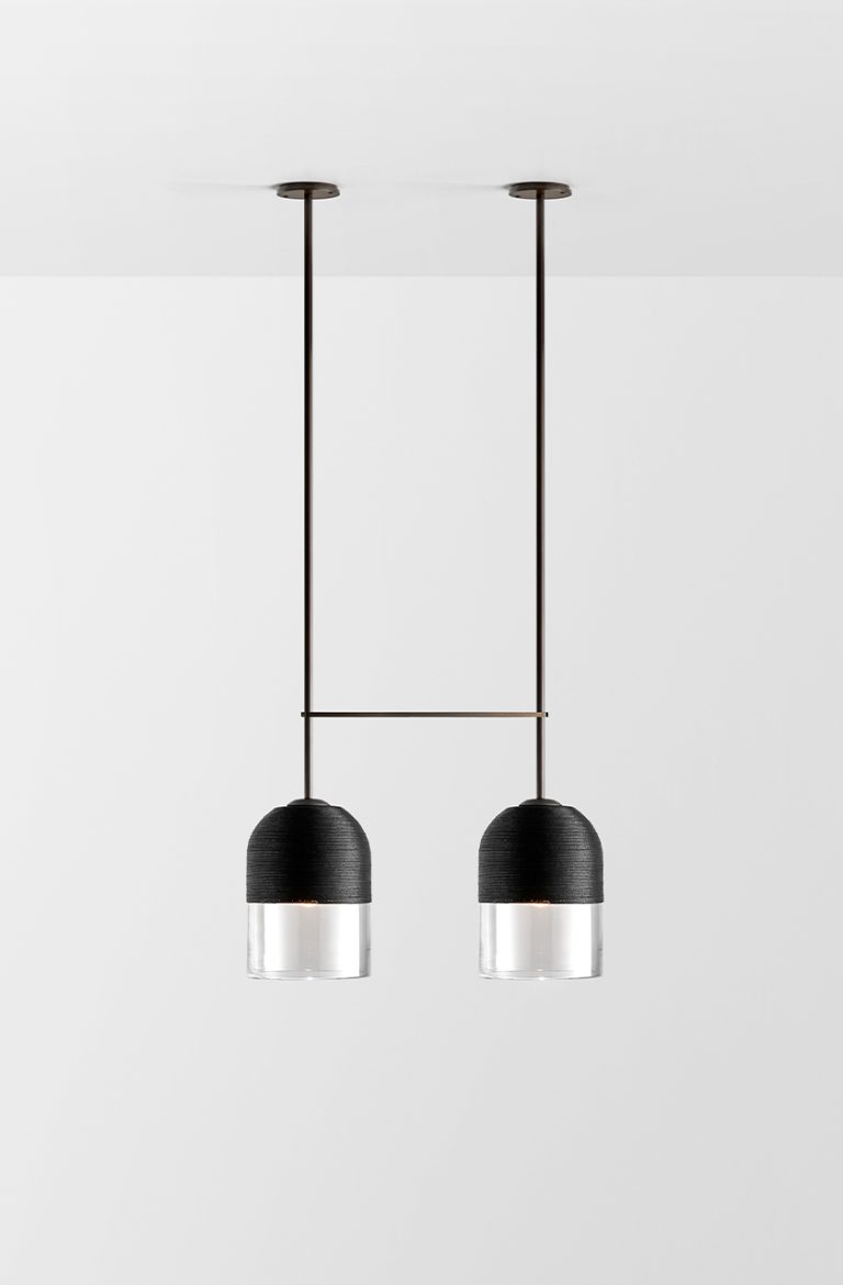 Articolo Studios Luxury Lighting Indi Large Double Pendant in Bronze with Clear Shade and Black Weave