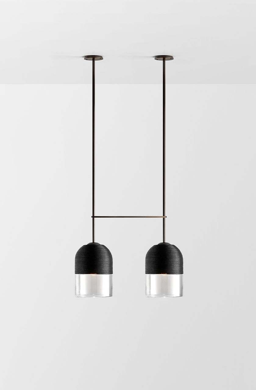 Articolo Studios Luxury Lighting Indi Large Double Pendant in Bronze with Clear Shade and Black Weave