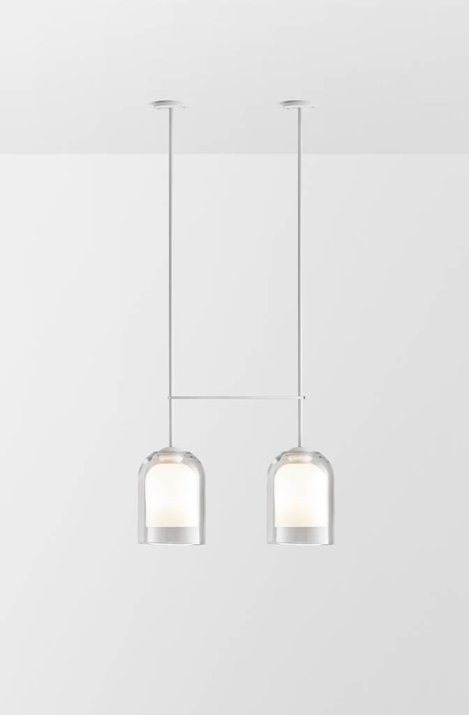 Articolo Studios Luxury Lighting Lumi Large Double Pendant in White Powder Coat and CLear and White Shades