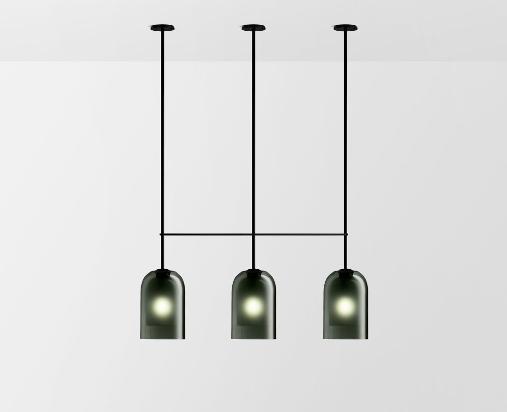 Articolo Studios Luxury Lighting Lumi Large Triple Pendant in Black Electroplate and FGrey shades