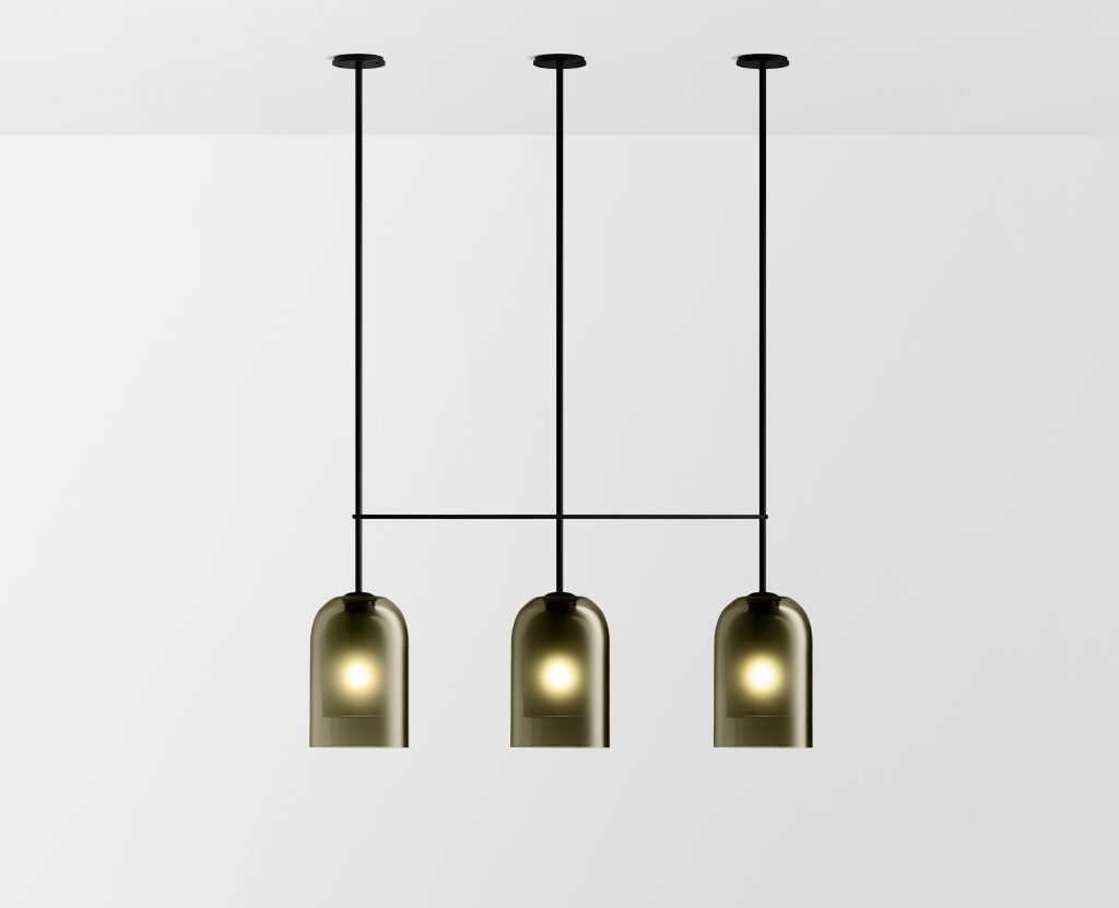 Articolo Studios Luxury Lighting Lumi Large Triple Pendant in Black Electroplate and Smoke Shades
