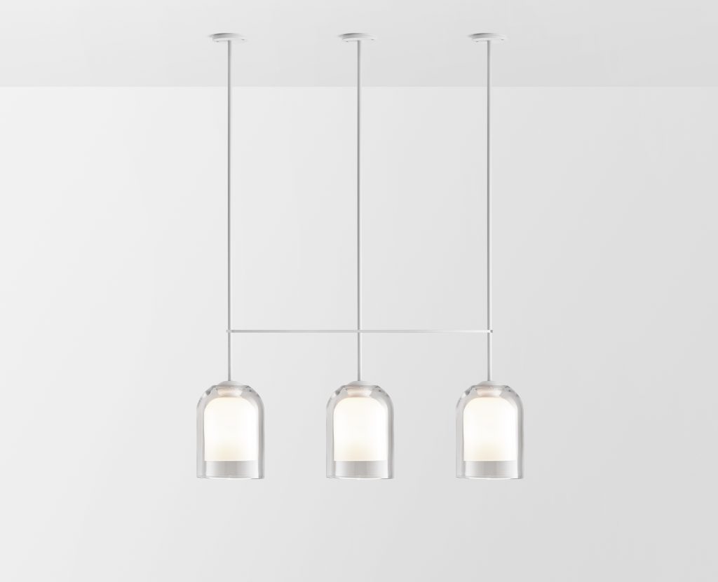 Articolo Studios Luxury Lighting Lumi Large Triple Pendant in White Powder Coat and Clear and White Shade