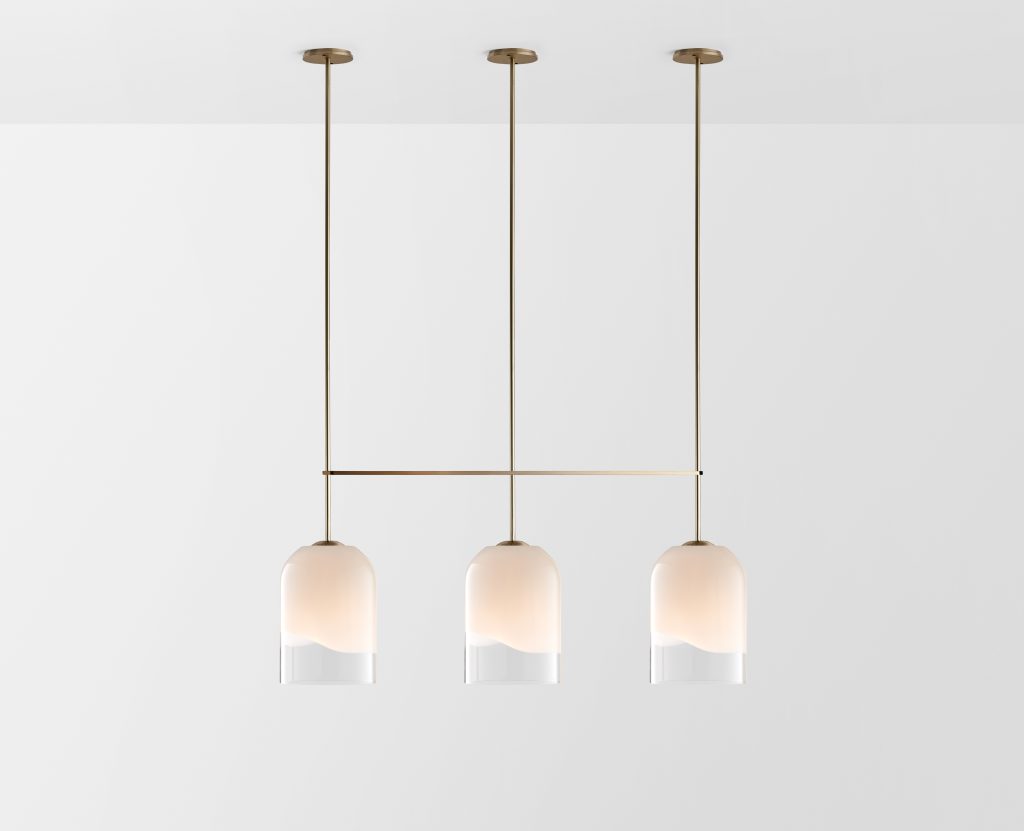 Articolo Studios Luxury Lighting Moni Large Triple Pendant in Brass with Clear and White Shades