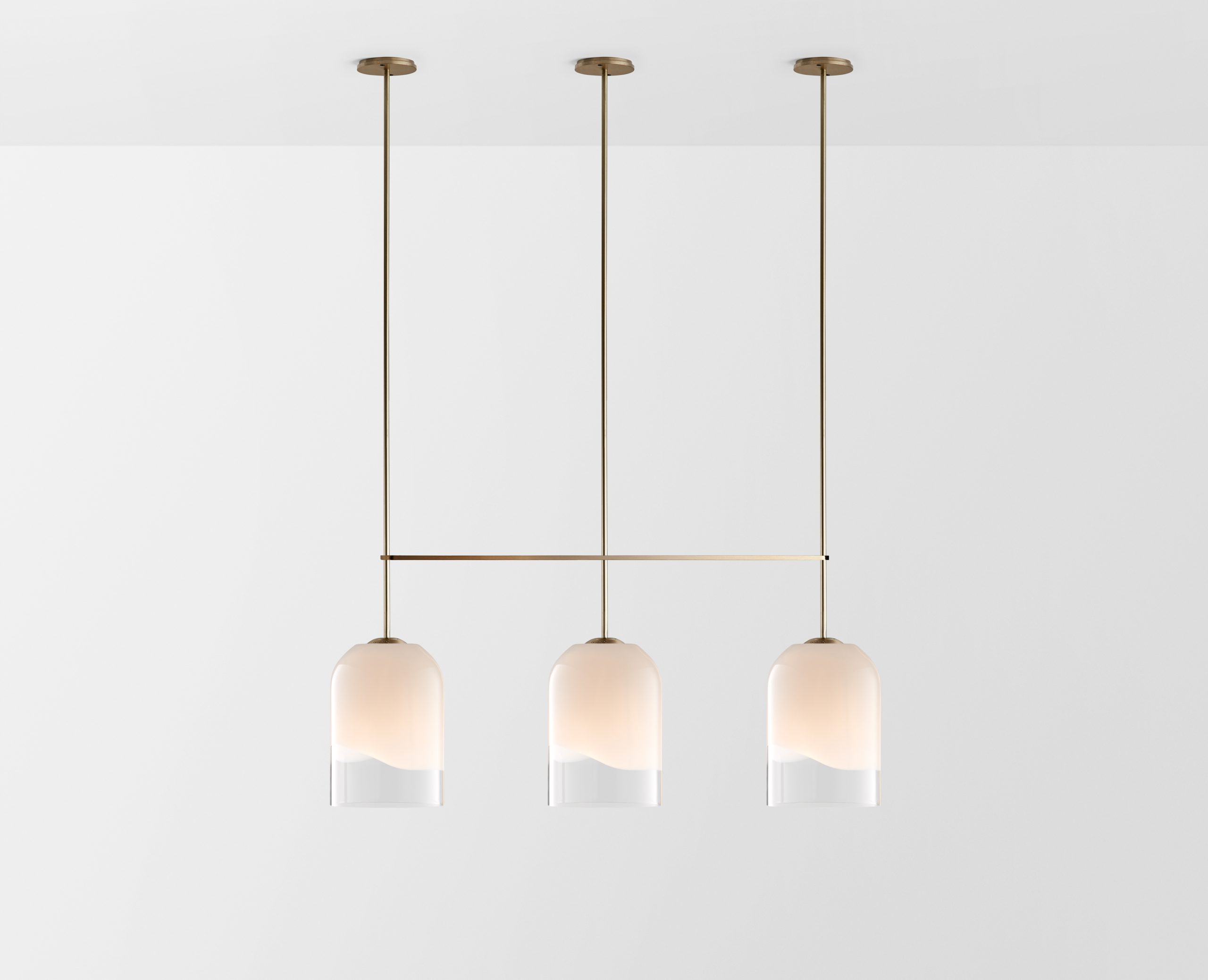 Articolo Studios Luxury Lighting Moni Large Triple Pendant in Brass with Clear and White Shades