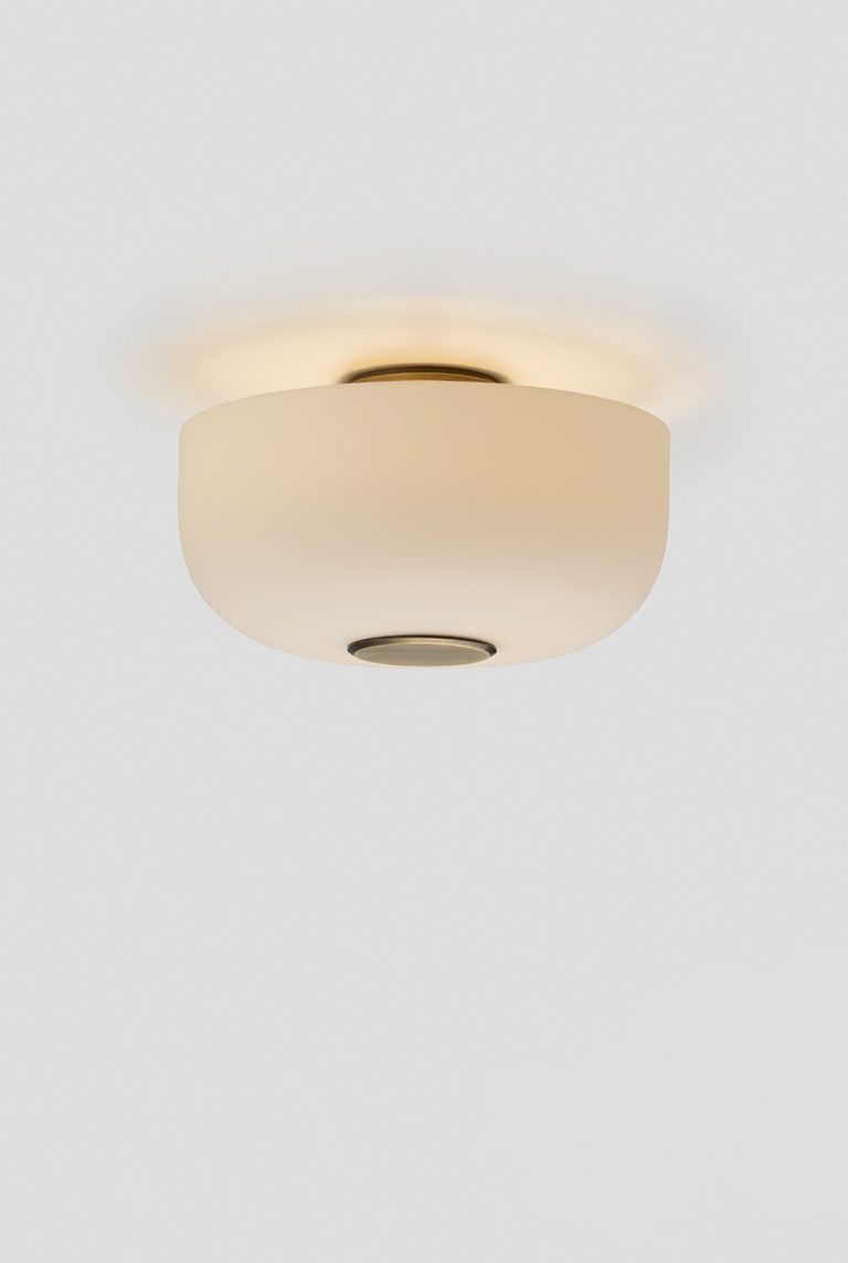 Articolo Studios Luxury Lighting Rolo Flush Mount Downward Facing Pendant in Bronze ith Snow Shade