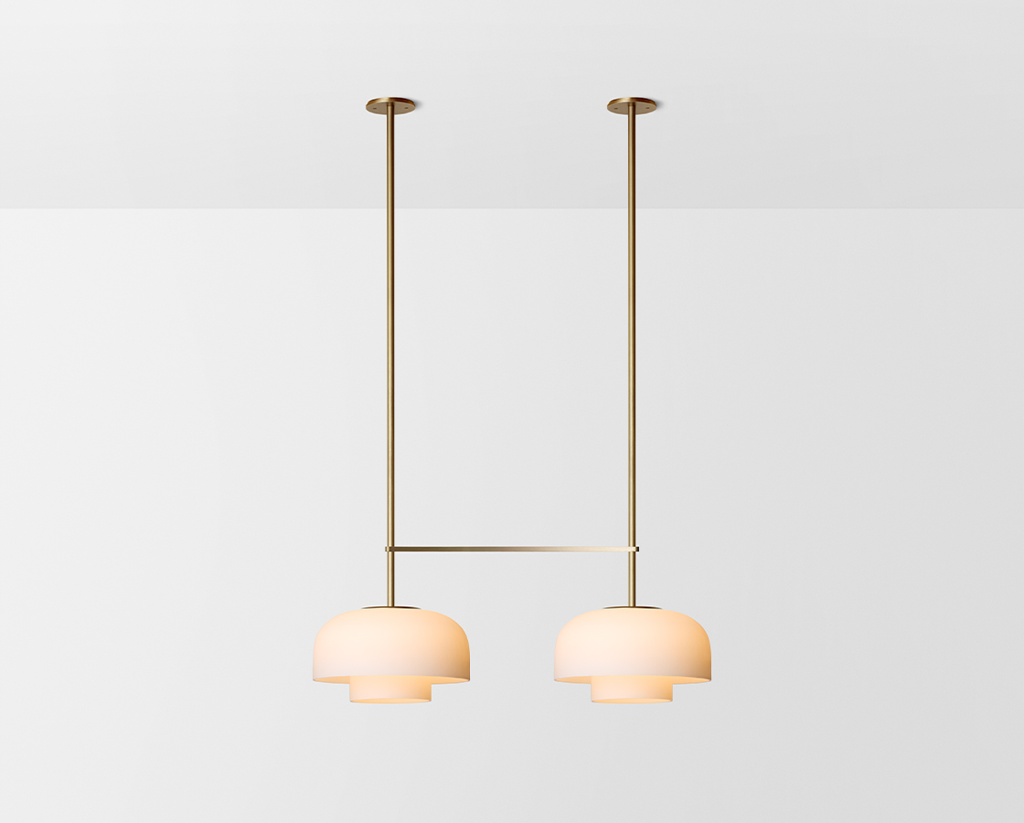 Articolo Studios Luxury Lighting Rolo Large Double Down Double Pendant in Brass with Snow Shade