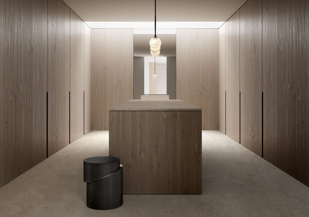 Articolo Studios Luxury Lighting Fizi Triple Pendant and Slip Side Table in Walk in Robe