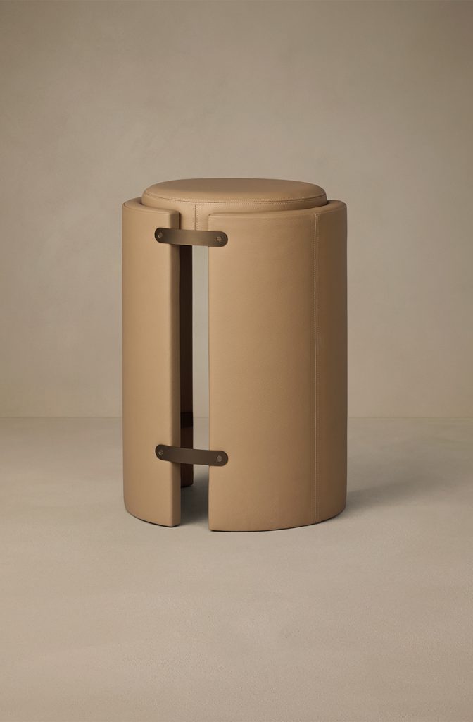Articolo Studios Luxury Lighting Cuff Stool in Nougat Leather and Bronze Detail