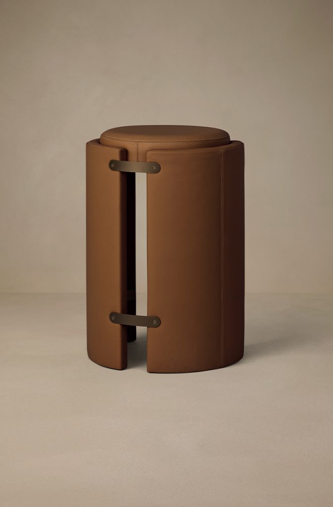 Articolo Studios Luxury Lighting Cuff Bar Stool in Pecan Leather and Bronze Detail