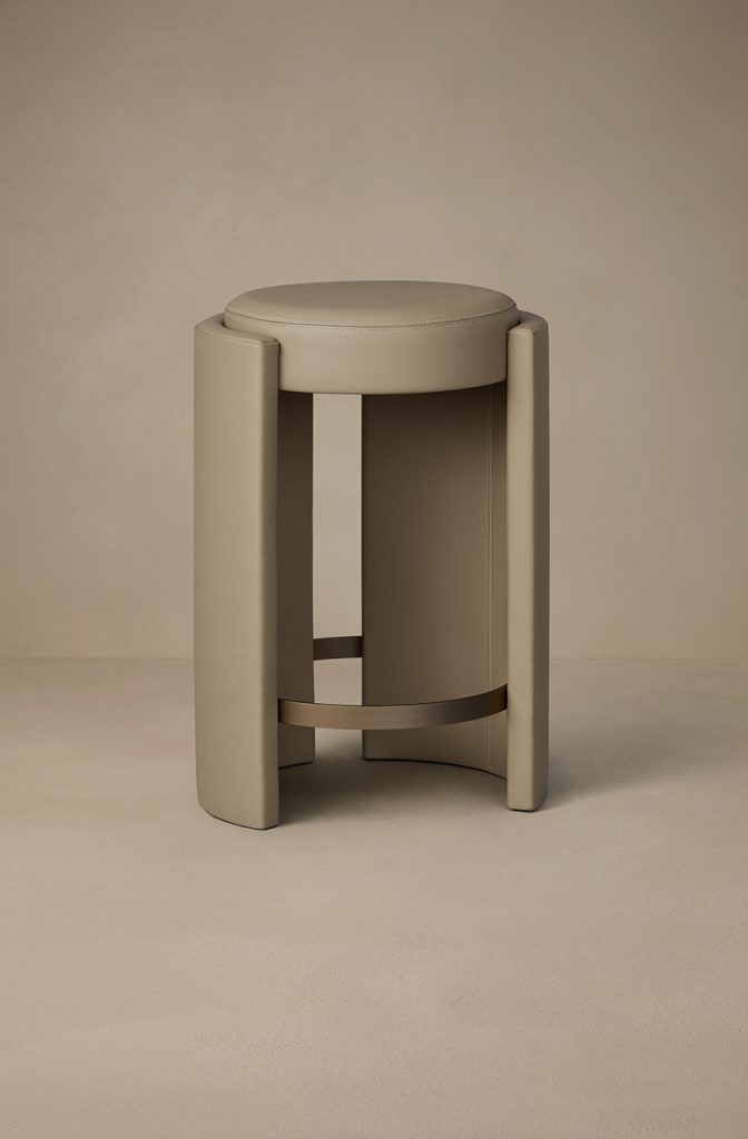 Articolo Studios luxury Lighting Cuff Bar Stool in Titanium Leather and Bronze Foot Stool