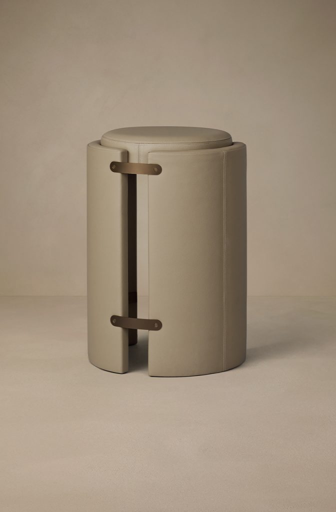 Articolo Studios Luxury Lighting Cuff Bar Stool in Titanium Leather and Bronze Details