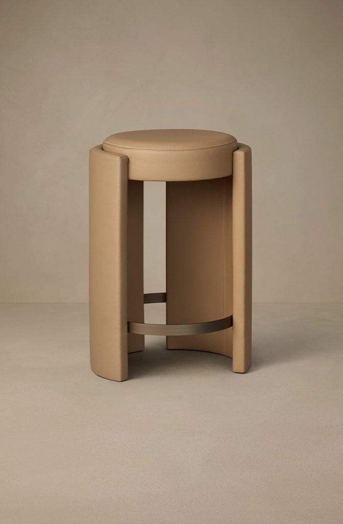 Articolo Studios Luxury Lighting Cuff Bar Stool in Nougat Leather and Bronze Detail