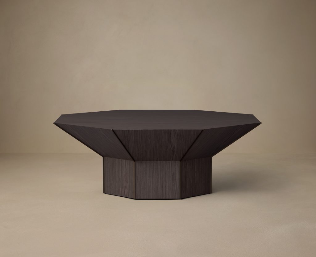 Articolo Studios Luxury Furniture Flare Coffee Table in Dark Veneer and Bronze Fins
