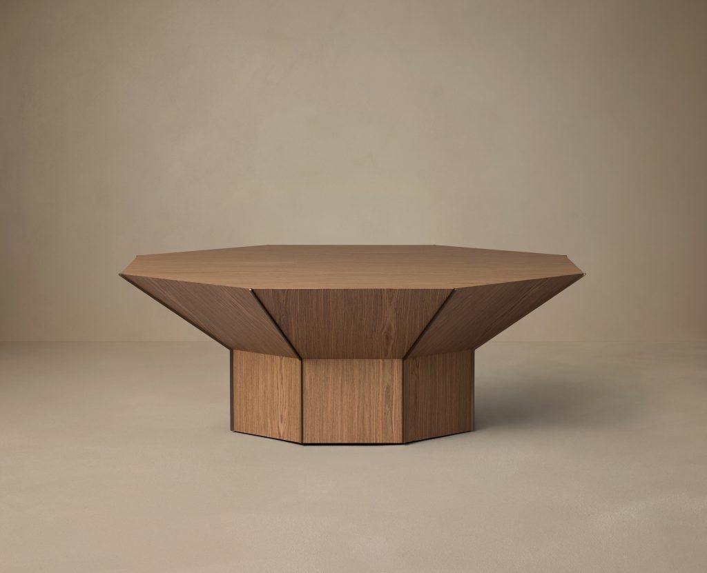 Articolo Studios Luxury Furniture Flare Coffee Table in Walnut Veneer and Bronze Fins