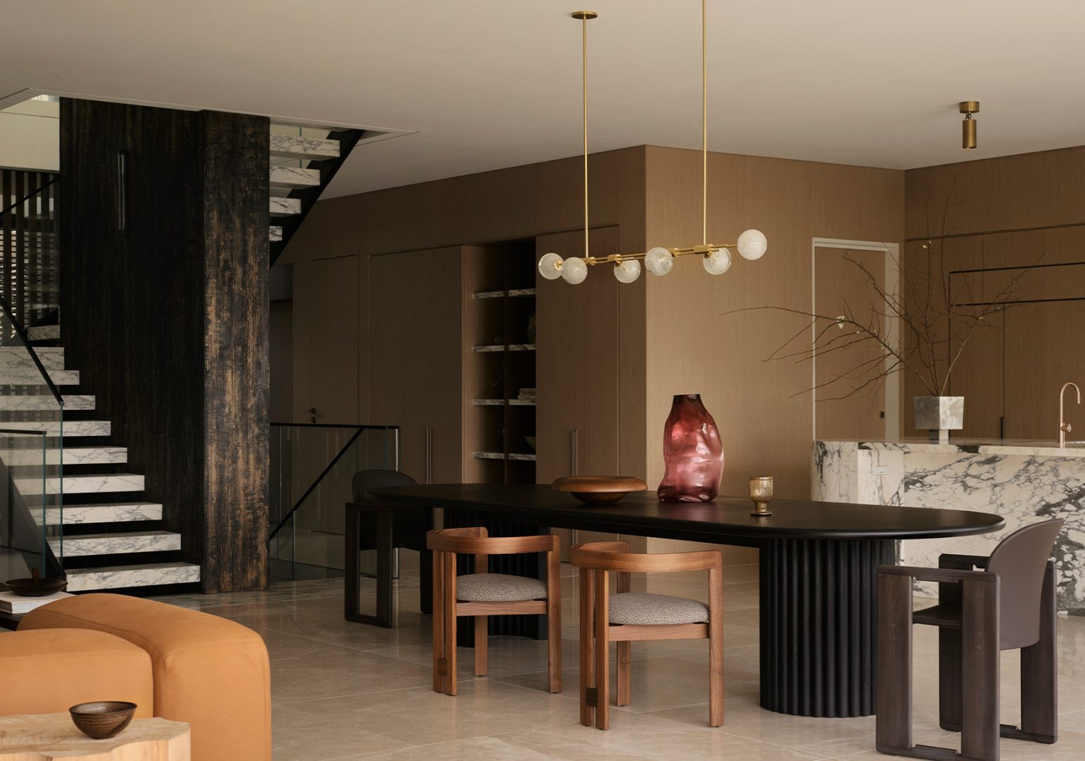 Articolo Studios Luxury Lighting Trilogy Horizontal 6 Ball Pendant in Dining Room